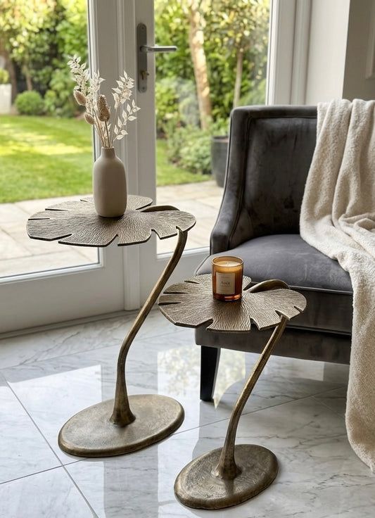 Monstera Alüminyum Döküm Metal Yaprak Form Özel Koleksiyon 2’li Yan Sehpa