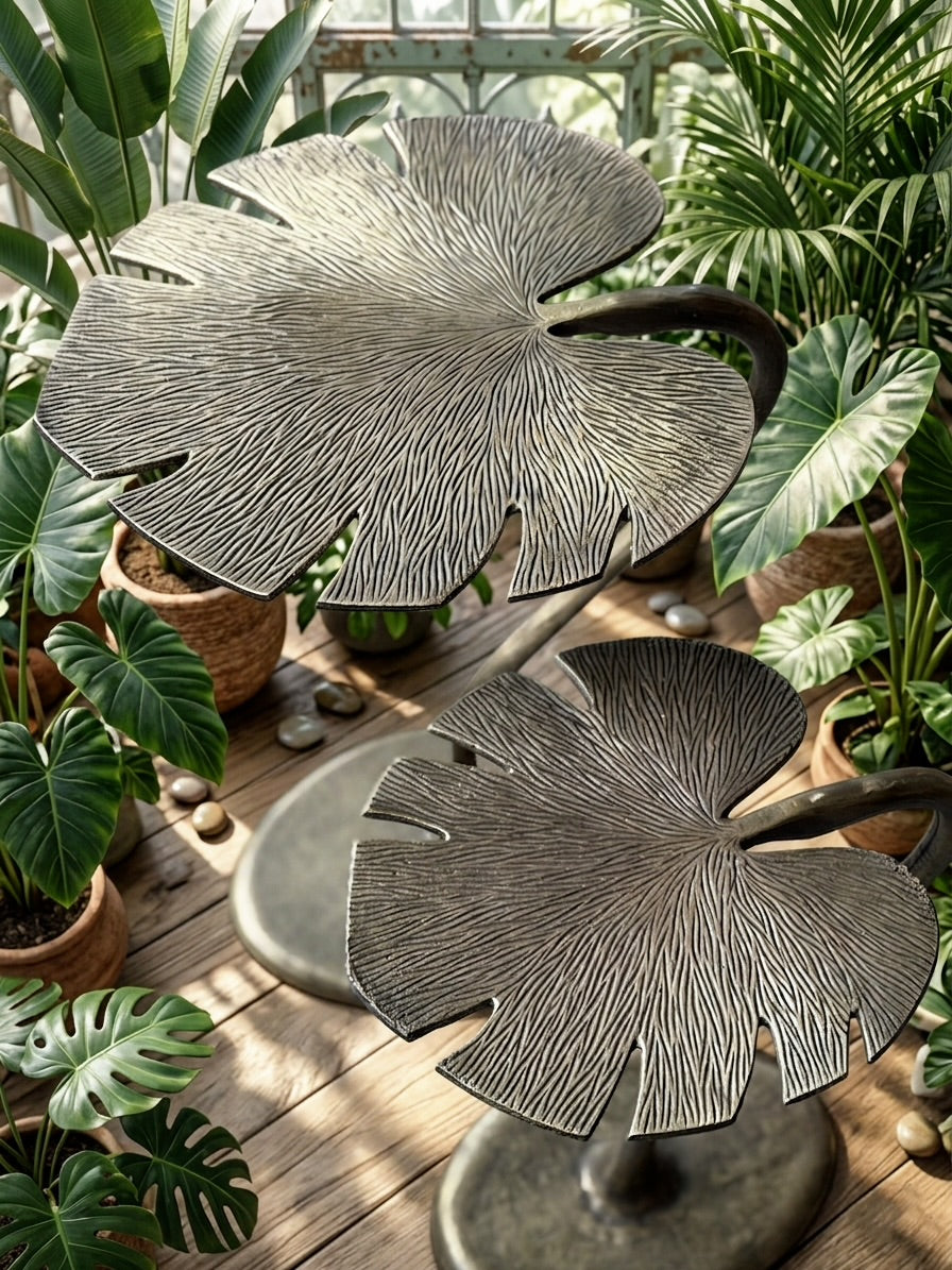 Monstera Alüminyum Döküm Metal Yaprak Form Özel Koleksiyon 2’li Yan Sehpa